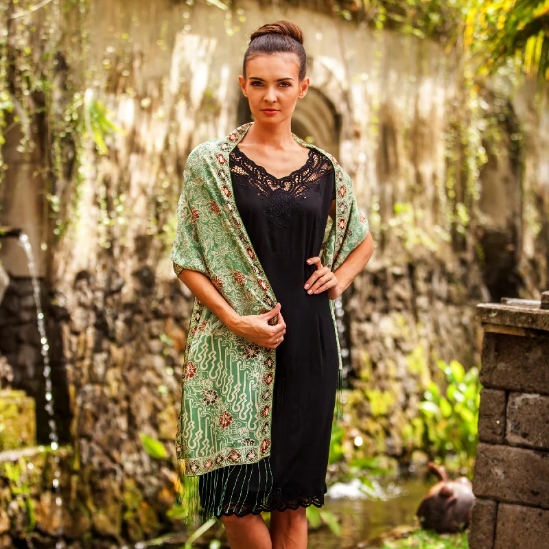 Forest Waves in Moss Green Batik Silk Shawl with Moss Green Floral Motifs from Bali Laid - back Women's Vibe Forest Waves in Moss Green Batik Silk Shawl with Moss Green Floral Motifs from Bali Laid - back Women's Vibe