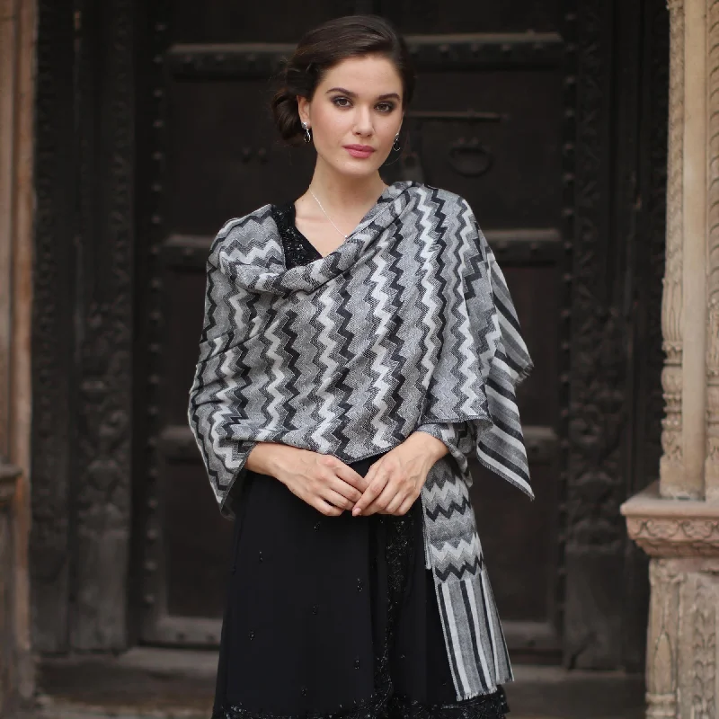 Grey Delight Hand Woven Wool Shawl from India in Grey, Black, and White Classic Women's Pin - striped Grey Delight Hand Woven Wool Shawl from India in Grey, Black, and White Classic Women's Pin - striped
