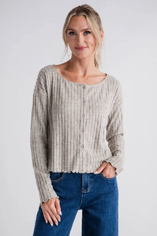 Hem & Thread Brushed Rib Lace Trim Cardi Sleek Women's 