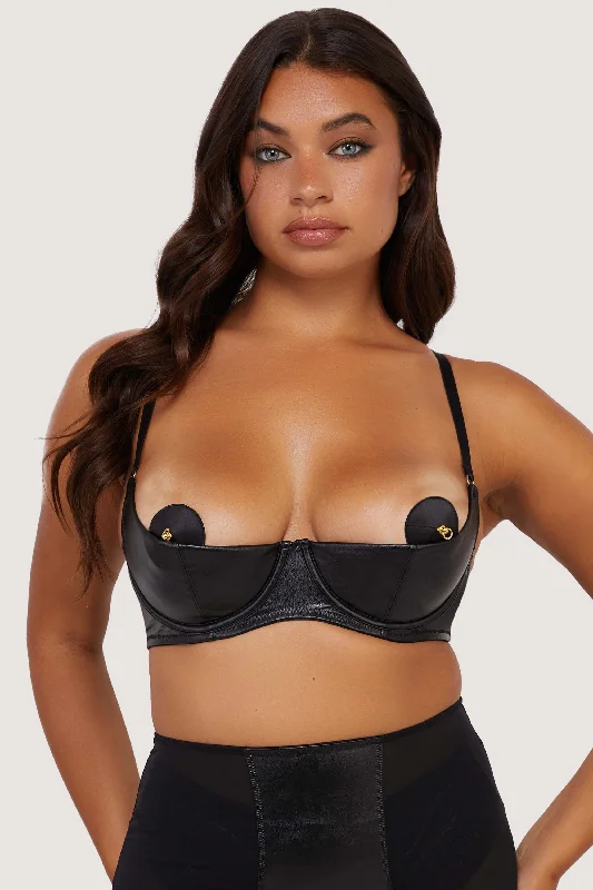 Iris Black Leatherette Quarter Cup Open Bra Scandinavian