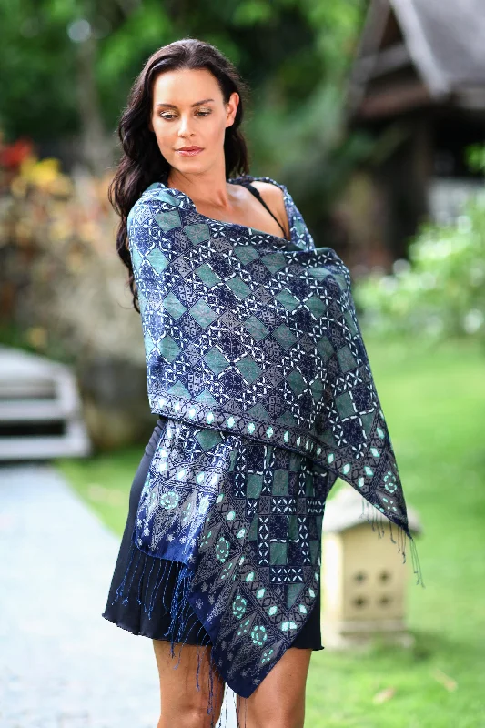 Java Starlight Fair Trade Batik Silk Patterned Blue Shawl Hip Women's Retro