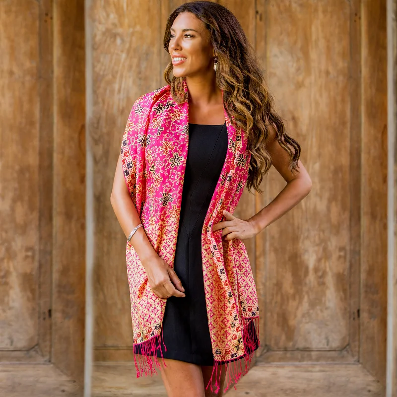 Kawung Azaleas in Fuchsia Batik Silk Shawl with Fuchsia Floral Motifs from Bali Elegant Women's Formal Kawung Azaleas in Fuchsia Batik Silk Shawl with Fuchsia Floral Motifs from Bali Elegant Women's Formal
