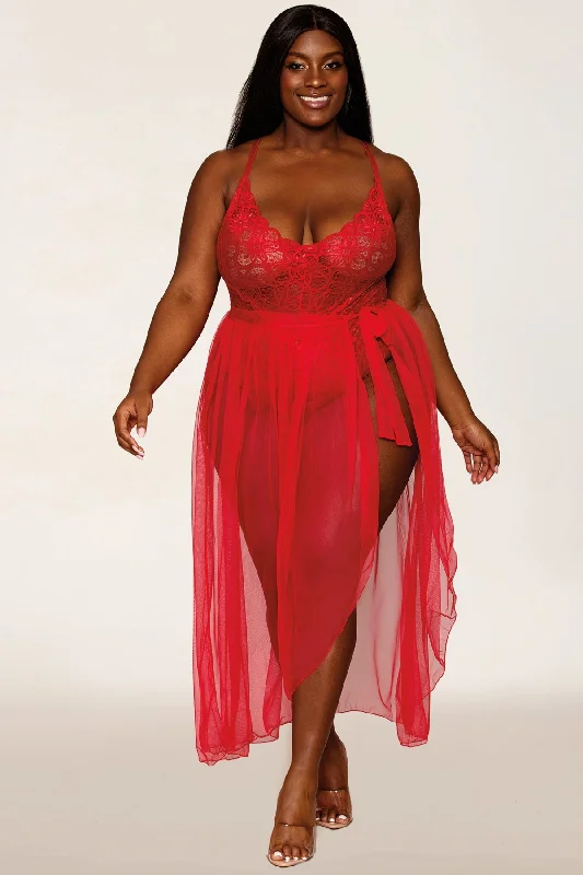 Lace Teddy & Sheer Wrap Skirt Relaxed Women's 