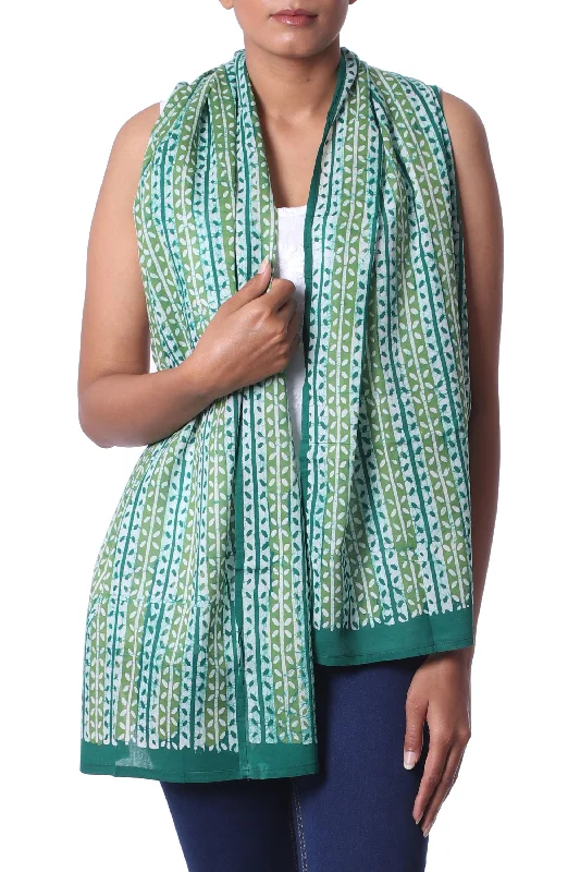 Leafy Vines Green Indian Woodblock Dyed Vine Pattern Batik Cotton Shawl Refined Women's 