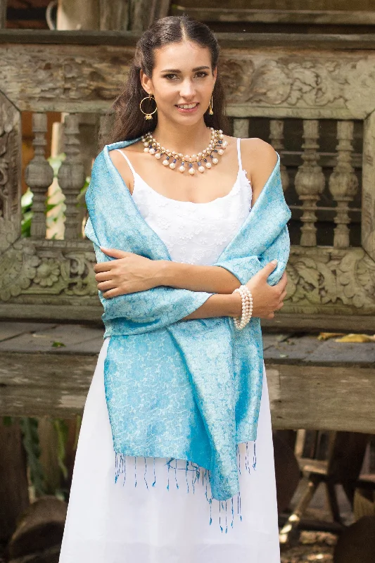 Mandarin Sky Artisan Crafted Blue Rayon Blend Shawl with Floral Motif Tough Women's Military - inspired Mandarin Sky Artisan Crafted Blue Rayon Blend Shawl with Floral Motif Tough Women's Military - inspired