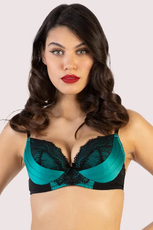 Melda Teal Satin And Lace Bra Dapper Women's Bow - adorned