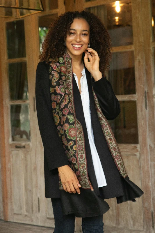 Midnight Garden Floral Wool Shawl in Black from India Minimalist Women's Casual