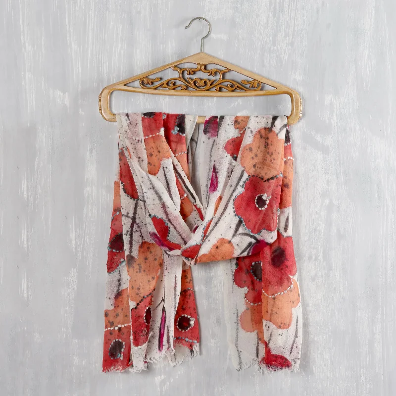Morning Allure Red and Orange Floral Wool Shawl from India Contemporary 