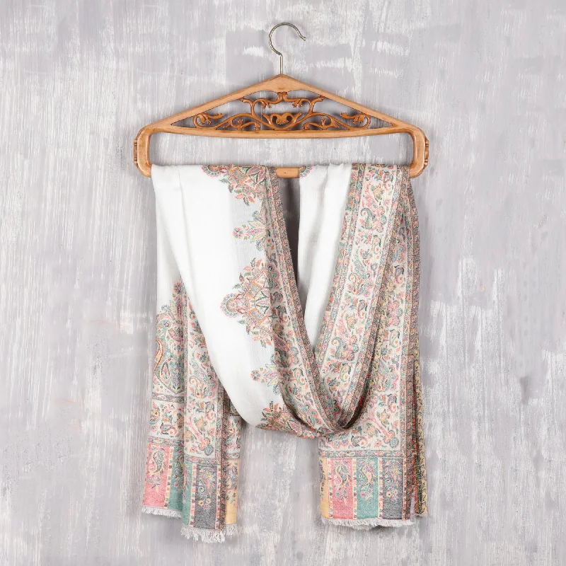 Mughal Fresco Modal Woven Shawl White with Multicolored Motifs Youthful Women's Pop