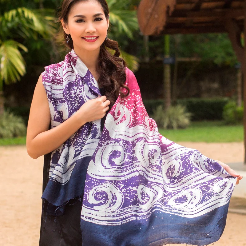 Ocean Hyacinth Hand Painted Silk Batik Shawl Sharp Women's Italian