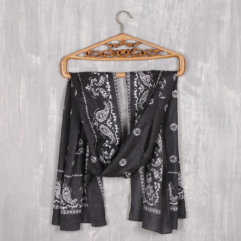 Paisley Charcoal Paisley Print Cotton Shawl in Charcoal from India Casual Women's Loose - fitting