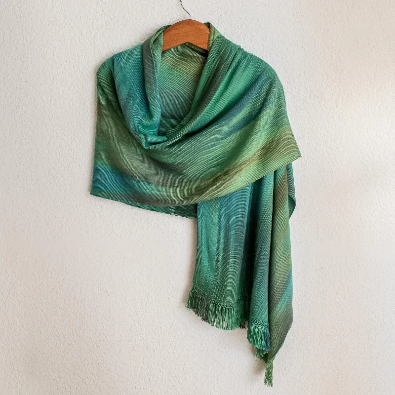 Peaceful Green and Turquoise Hand Woven Rayon Chenille Shawl Youthful Women's Anime - inspired