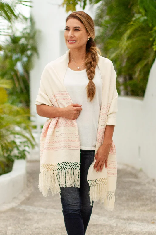 Pink Stars of Teotitlan Pink and Creamy Cotton Handwoven Zapotec Shawl Trendy Women's Pink Stars of Teotitlan Pink and Creamy Cotton Handwoven Zapotec Shawl Trendy Women's
