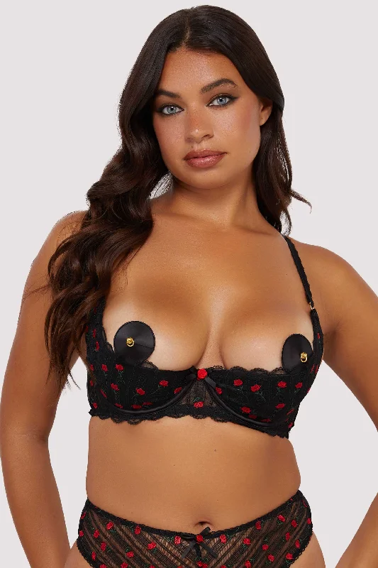 Elodie Black and Red Rosebud Embroidery Quarter Cup Bra Casual Women's Loose - fitting