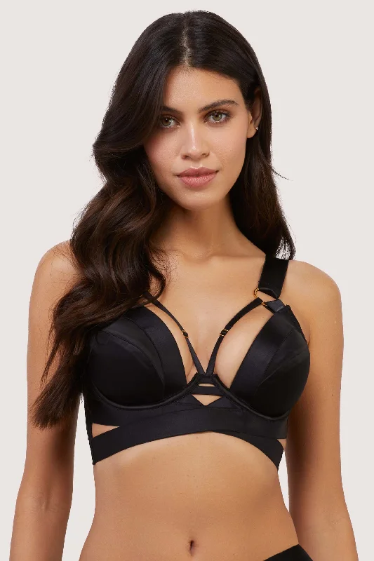 Etta Black Satin and Mesh Longline Padded Plunge Bra Sophisticated Women's Tailored