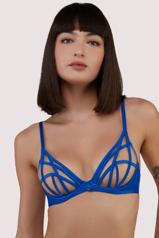 Ramona Cobalt Blue Strap Detail Illusion Sheer Plunge Bra Monochromatic Office Style