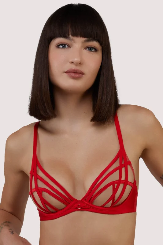 Ramona red Strap Detail Illusion Sheer Plunge Bra Relaxed Women's 