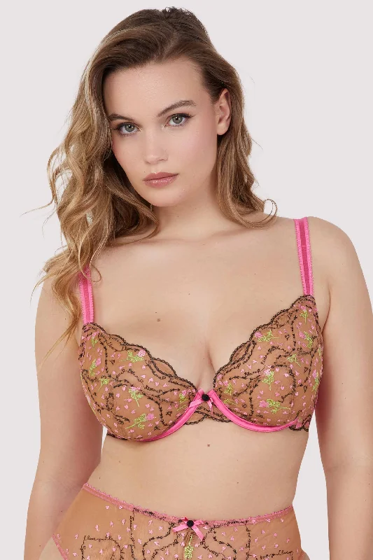 Spank Me Pink and Nude Custom Embroidery Plunge Bra Monochromatic Office Style
