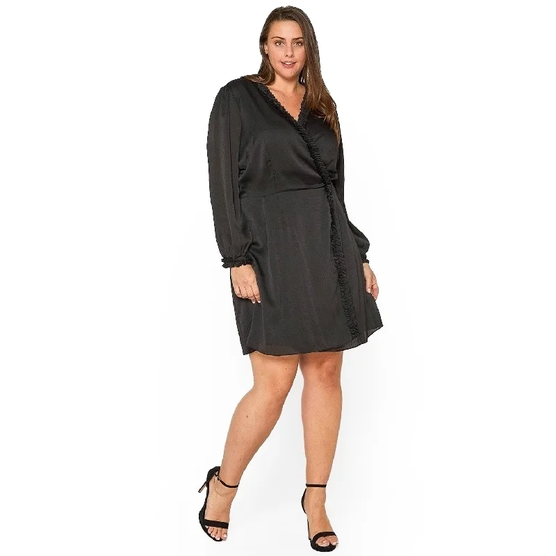 Plus Size Ruffle Trim Long Sleeve Wrap Dress in Black Laid - back Women's Vibe