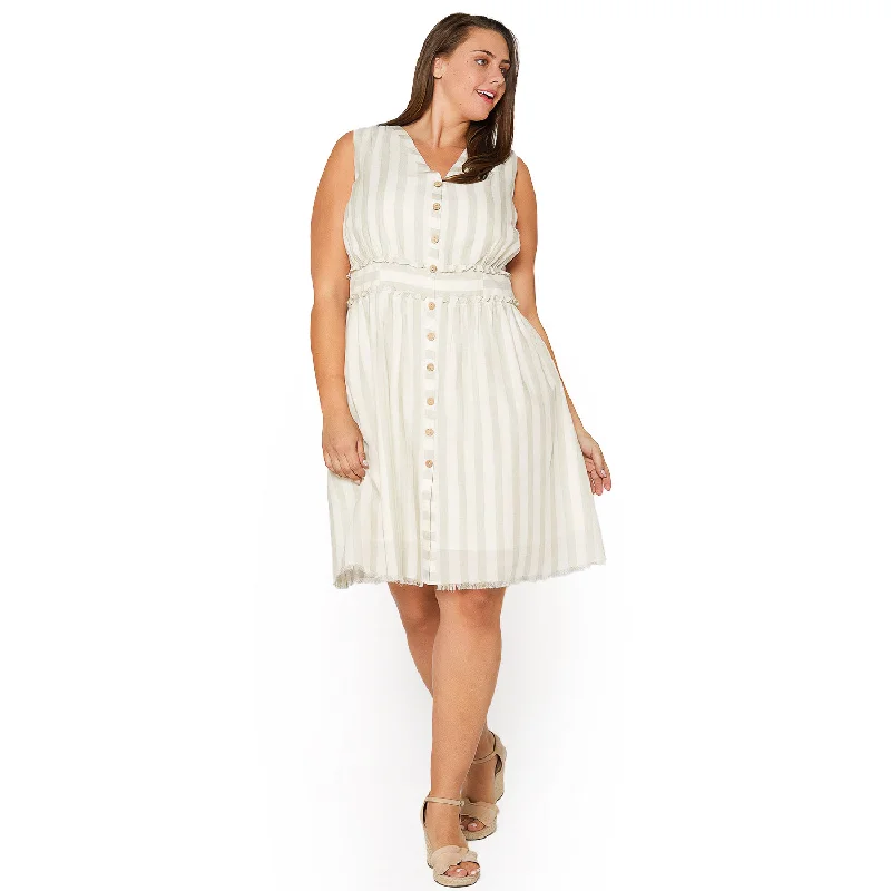 Plus Size Sleeveless Button Down Stripe Dress in Sage Refined Women's Hand - crafted