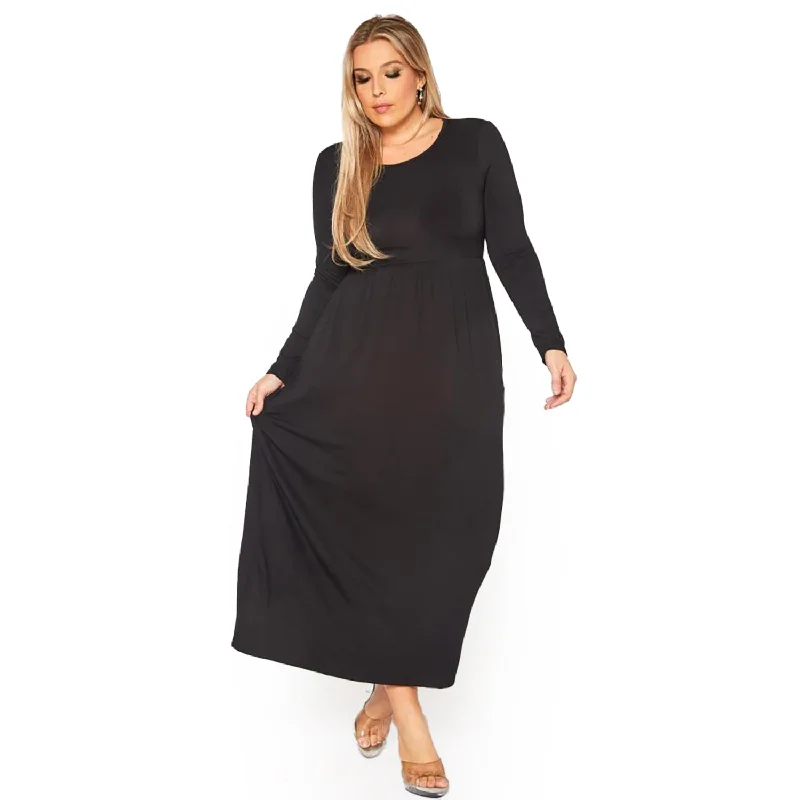 Plus Size Women's Basic Long Sleeve Fit & Flare Maxi Dress Sporty Women's Athleisure 