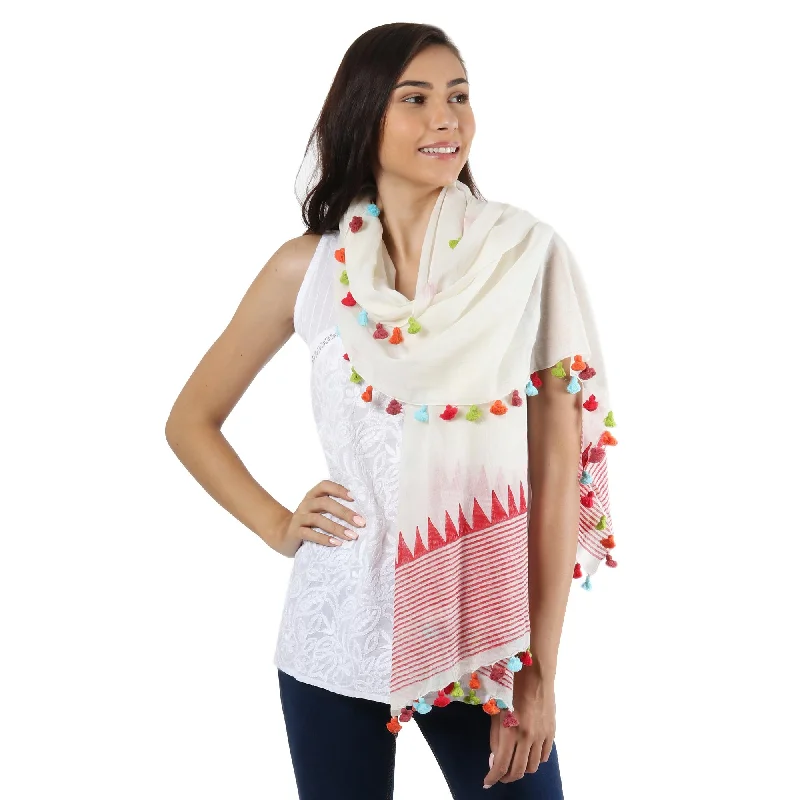 Pop of Color Loom Woven 100% Cotton White and Red Shawl from India Earthy Women's 