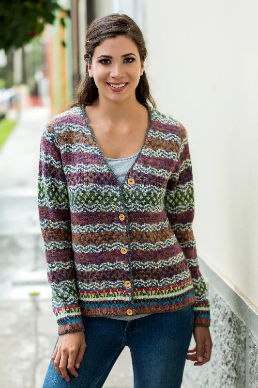 Rainbow Mist V-neck Alpaca Cardigan with Cedar Buttons Feminine Women's Soft 