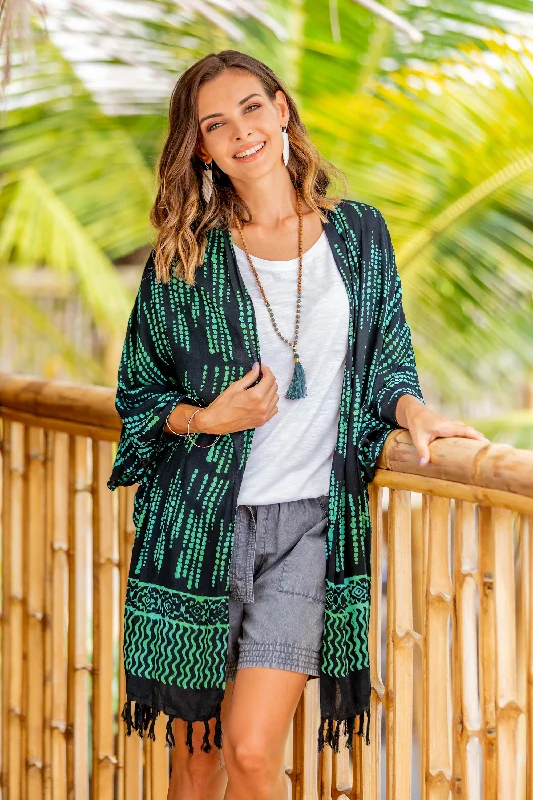 Raindrops Hand Stamped Black and Mint Rayon Batik Kimono Elegant Women's Formal 