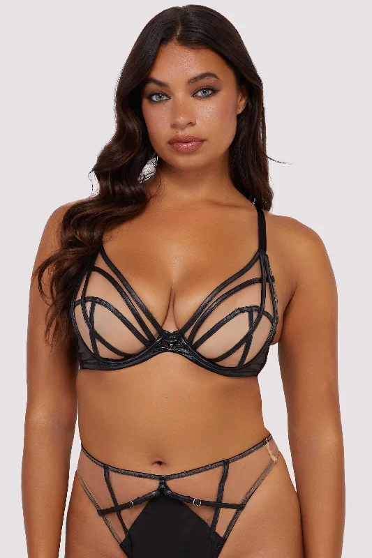Ramona Black Leatherette Strap Detail Illusion Mesh Bra Casual Women's Japanese 