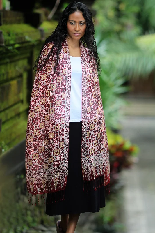 Red Lotus Floral Hand Crafted Batik Silk Shawl garde