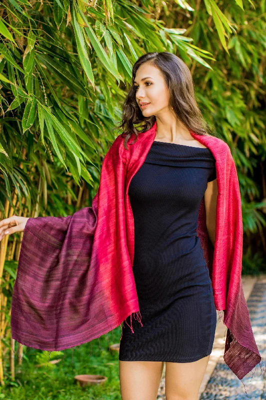 Red Peony Artisan Crafted 100% Silk Shawl with Fringe from Thailand Contemporary 