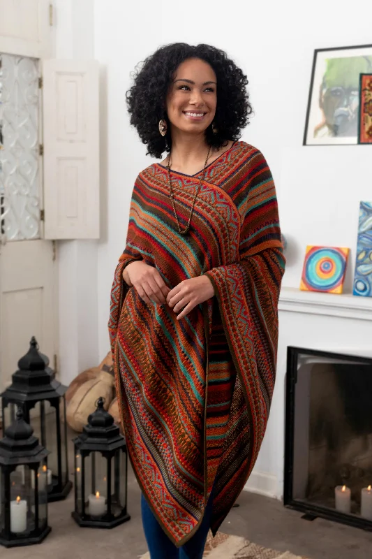 Rivers of Red Red and Multi-Color Striped Acrylic Knit Poncho Athletic Women's High - 