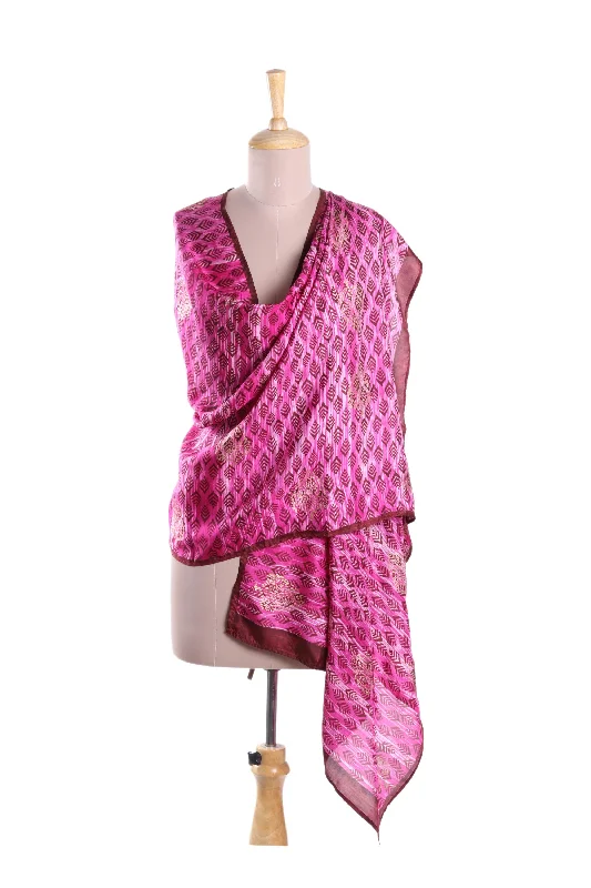 Rosy Leaves Red with Brown Leaf and Tree Hand Printed 100% Silk Shawl Classic Women's Tweed Rosy Leaves Red with Brown Leaf and Tree Hand Printed 100% Silk Shawl Classic Women's Tweed