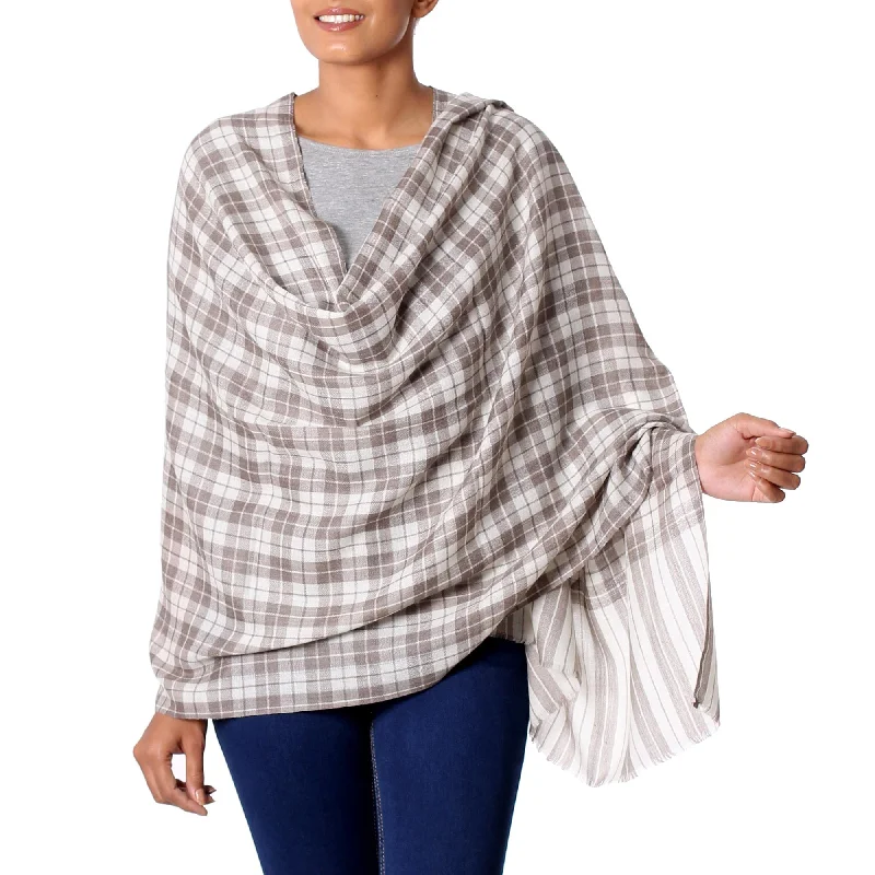 Salient Paths Wool Shawl from India Grey Checkered Pattern over Cream Sophisticated Women's Tailored