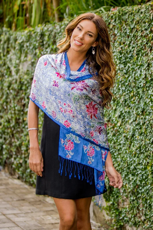 Sapphire Mums Blue Batik Silk Shawl Dynamic Women's Moto