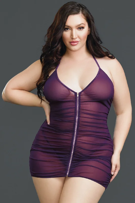 Sheer Gathered Zip Front Chemise Youthful Women's Pop