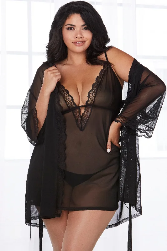 Sheer Mesh Chemise & Robe Set Refined Women's Hand - crafted
