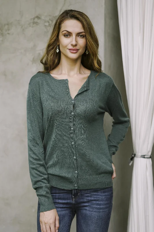 Simple Style in Viridian Cotton Blend Green Cardigan Sweater from Peru European