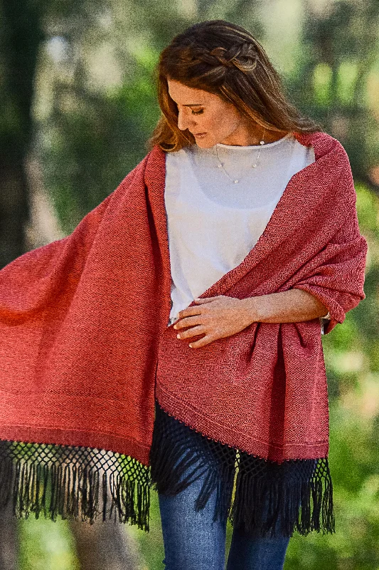 Striped Diamonds in Red Handwoven Red and Black Diamond Striped Cotton Rebozo Refined Women's Hand - crafted