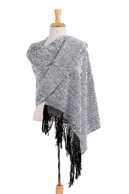 Striped Diamonds in White Handwoven White and Black Zapotec Cotton Rebozo Shawls Luxurious Women's High - end Striped Diamonds in White Handwoven White and Black Zapotec Cotton Rebozo Shawls Luxurious Women's High - end