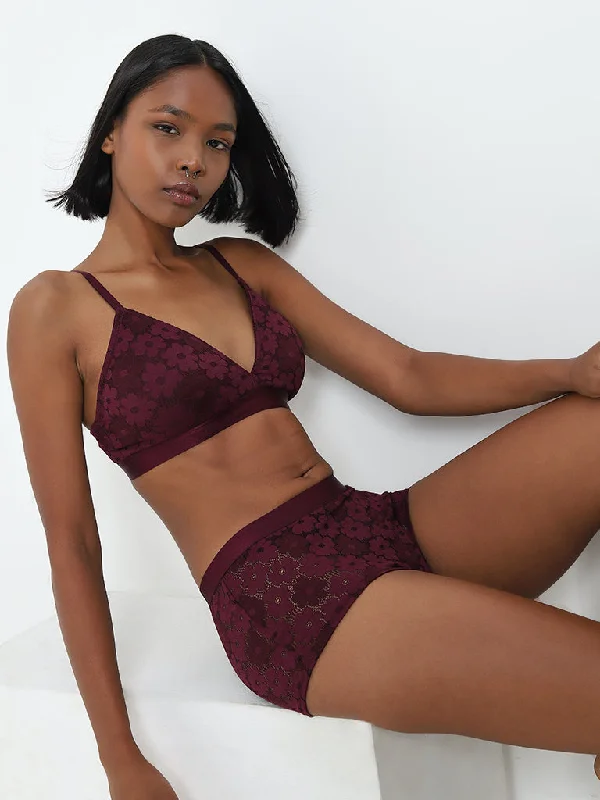 Superstar Burgundy Floral Lace Design Full Cotton Brief Monochromatic All - in - one