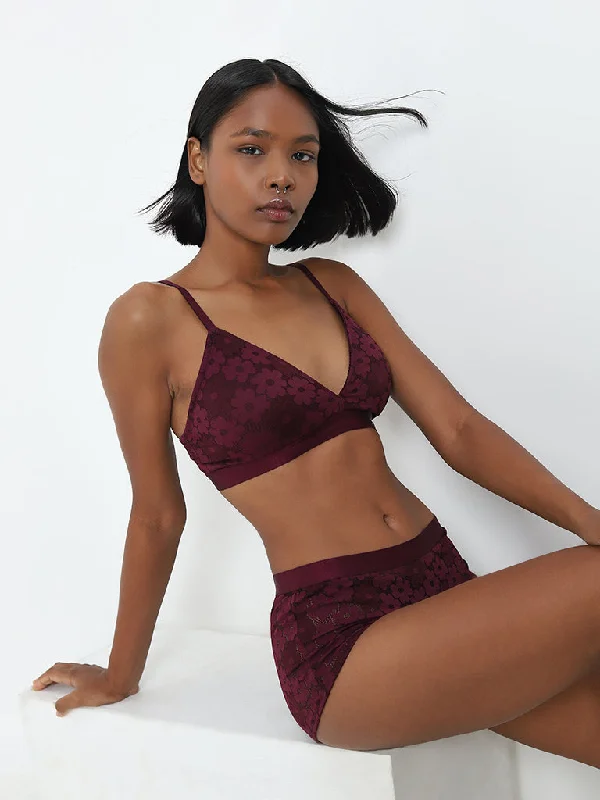 Superstar Burgundy Floral Lace Design Padded Cotton Bra Sharp Women's Italian