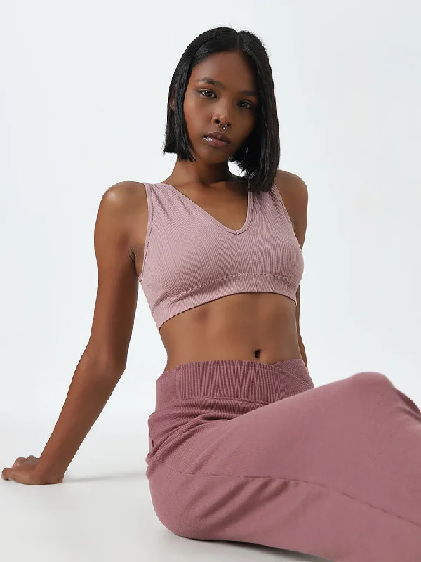 Superstar Mauve Ribbed Textured Padded Plunge Cotton Bra Practical Women's Quick - dry