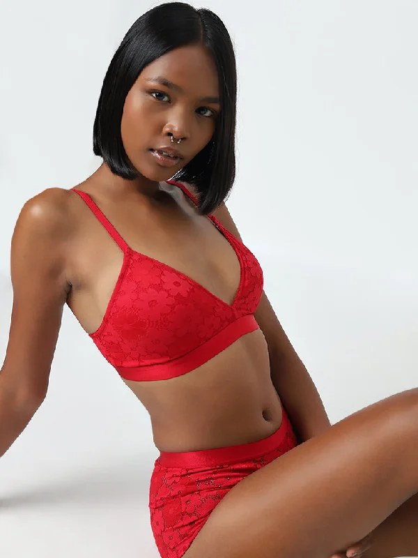 Superstar Red Floral Lace Design Padded Cotton Bra Women
