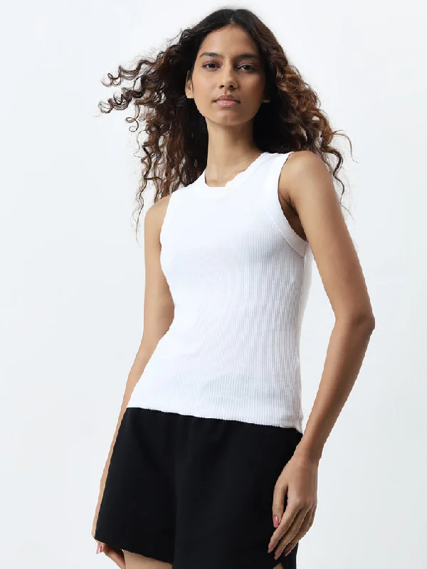 Superstar White Ribbed Cotton Blend Tank Top Australian Beach