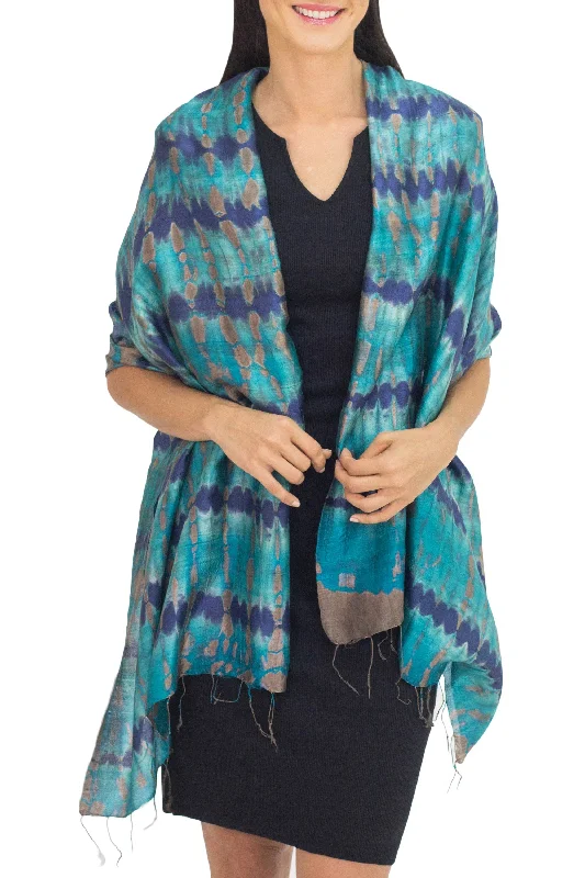 Teal Reflecting Pools Thai Artisan Crafted Teal and Blue Tie Dyed Silk Shawl Dynamic Women's Moto Teal Reflecting Pools Thai Artisan Crafted Teal and Blue Tie Dyed Silk Shawl Dynamic Women's Moto