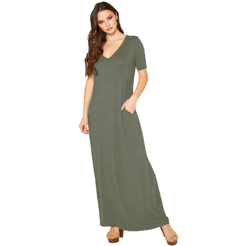 V-neck Short Sleeve Maxi Dress With Pockets Elegant Women's 