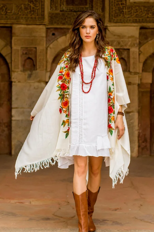 Valley of the Flowers Ample White Wool Cape with Chain Stitch Floral Embroidery Bold Women's Animal Print Valley of the Flowers Ample White Wool Cape with Chain Stitch Floral Embroidery Bold Women's Animal Print