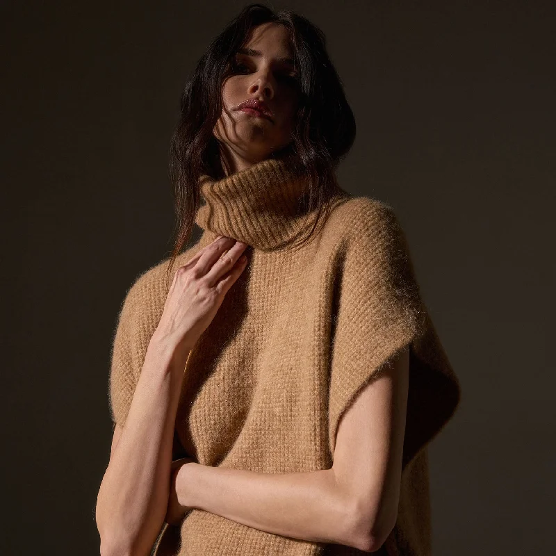 Waffle Knit Funnel Neck Tunic - Camel Compression
