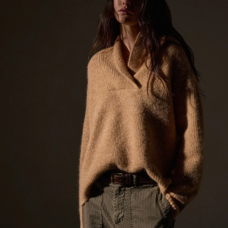 Waffle Knit Shawl Collar Sweater - Camel Earthy Women's Hemp - based